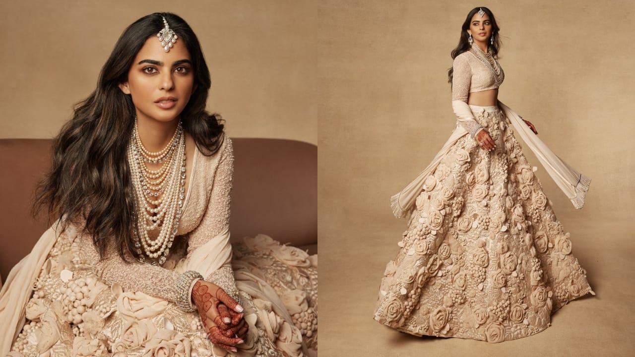 Isha Ambani wears custom made Sabyasachi couture inspired by J G Ballard's The Garden Of Time at Anant Radhika reception
