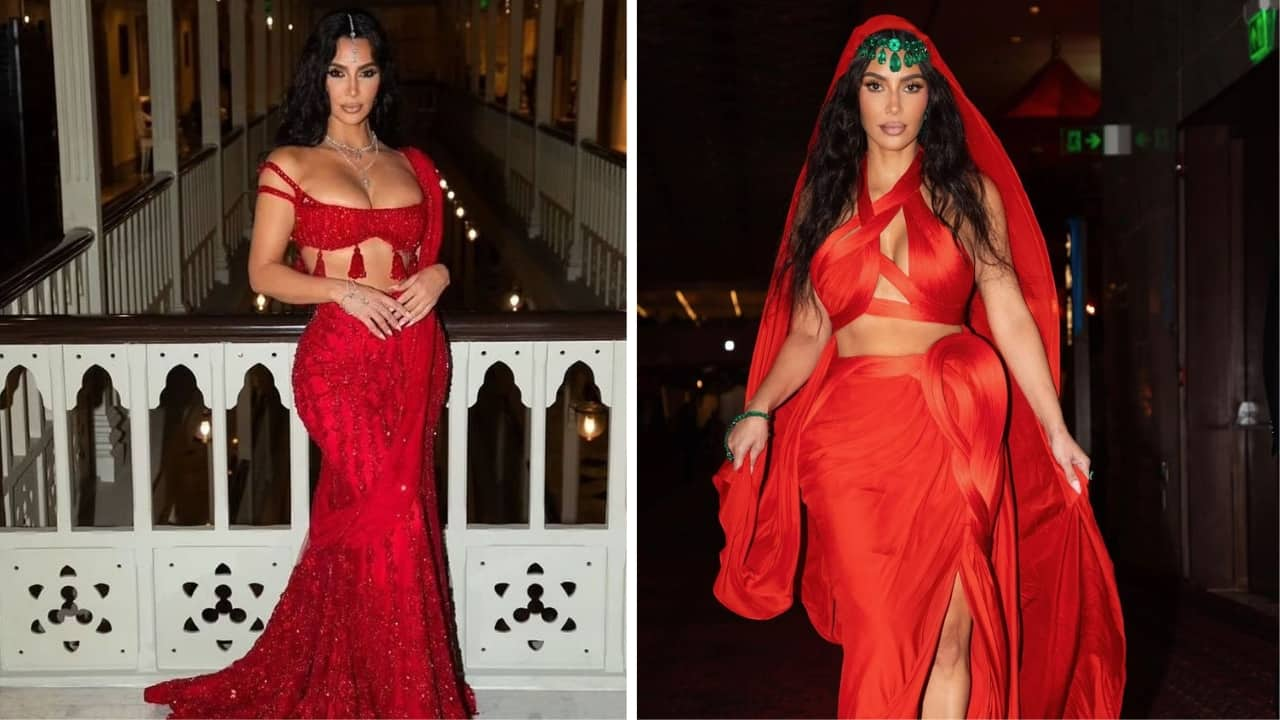 Kim Kardashian s enchanting desi looks at the Ambani wedding is a moment in cross cultural fashion