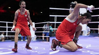 Imane Khelif celebrates after winning her quarterfinal bout at Paris Olympics