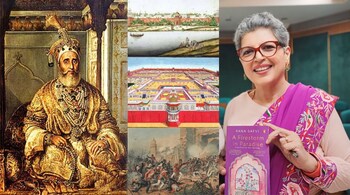 (From left) Bahadur Shah II, the Red Fort and the 1857 British capture of Delhi (Photos: Wikimedia Commons); author-historian Rana Safvi with her debut historical novel 'A Firestorm in Paradise'. (Photo: Naaz Farheen)