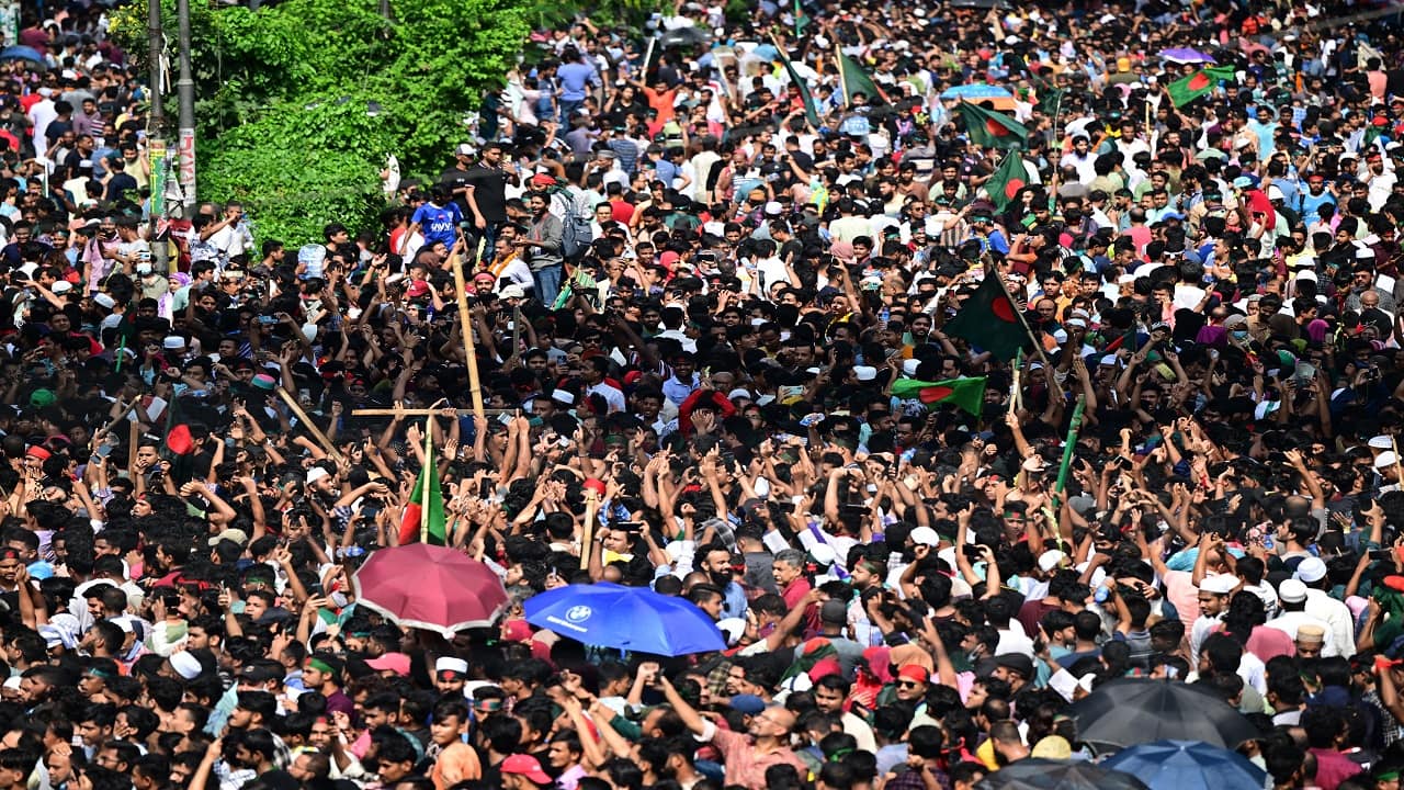 Protesting students celebrate in Shahbag near Dhaka university area in Dhaka on August 5. Protesting students celebrate in Shahbag near Dhaka university area in Dhaka on August 5.