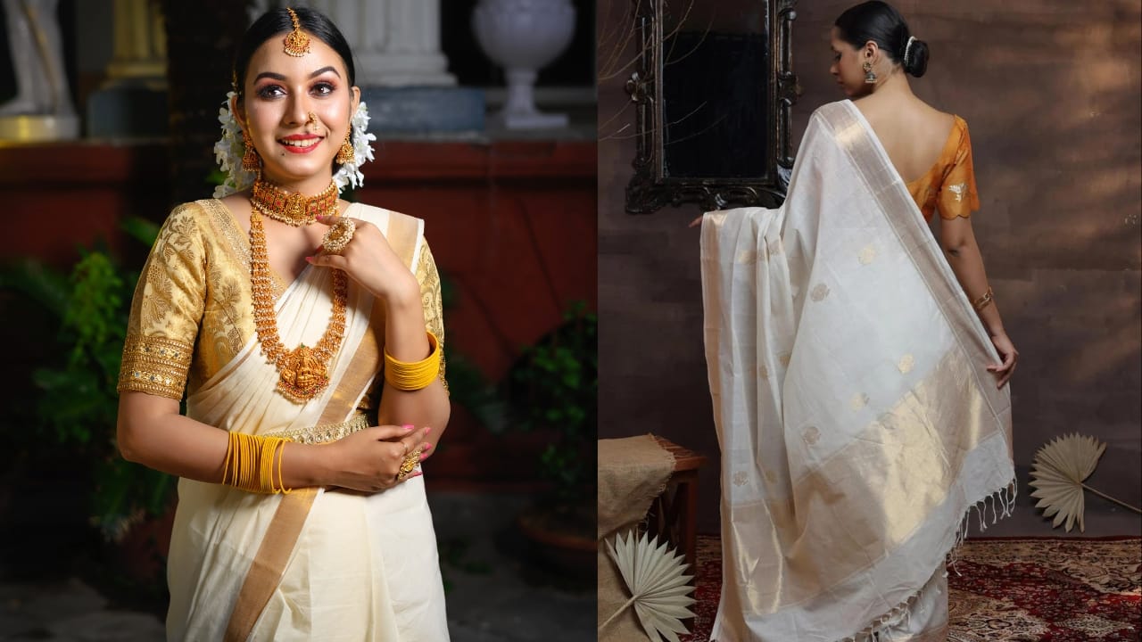 4) Hint: This saree is recognized for its simple, elegant design featuring a white or cream base with gold or zari borders. It originates from Kerala and is often worn during traditional festivals. What saree is this?