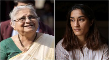MP and former chairperson of Infosys Foundation Sudha Murty and (right) wrestler Vinesh Phogat.
