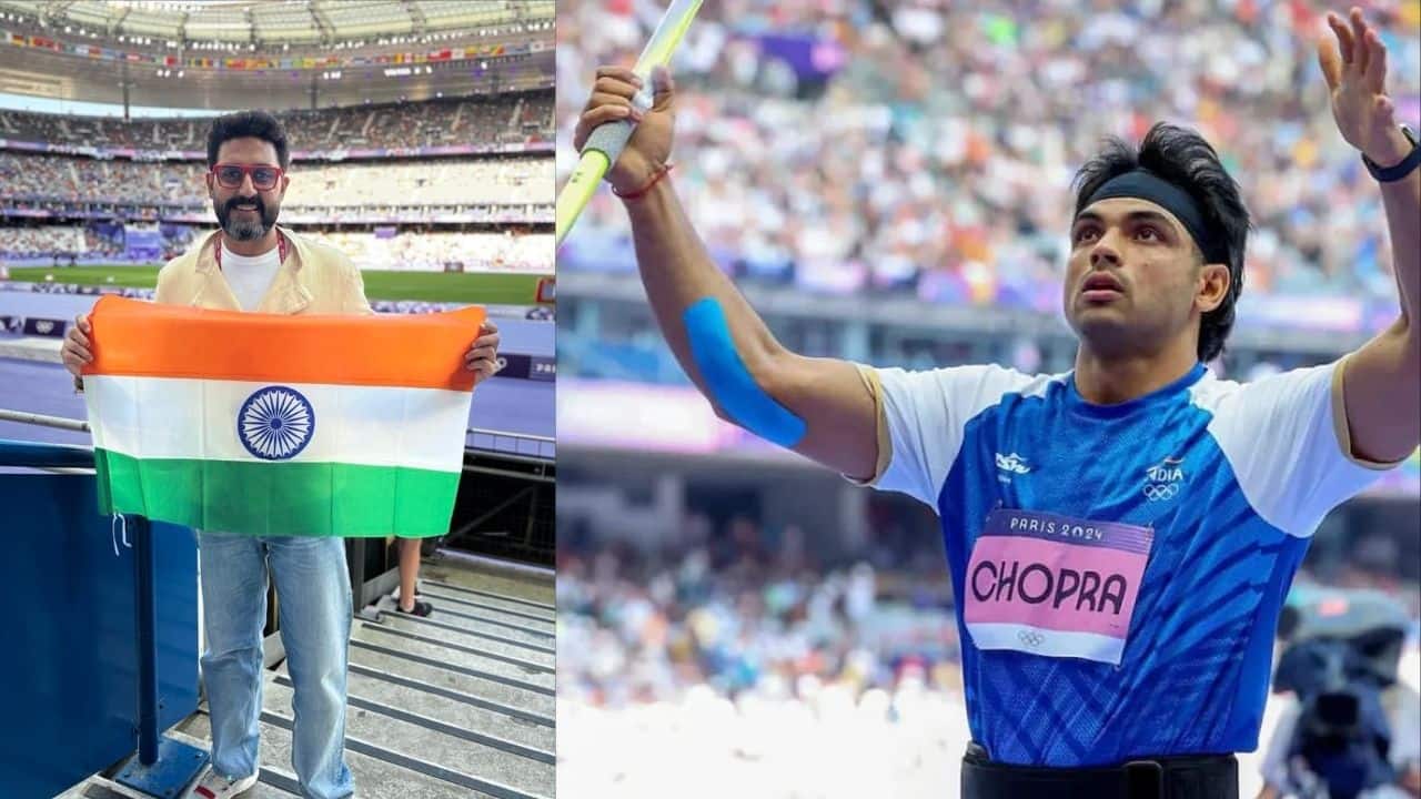 Abhishek Bachchan hugs Neeraj Chopra after his Silver Medal  win at Paris Olympics