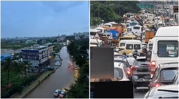 Several social media users shared pictures of flooded Balagere Road that resembled a winding river. Others shared pictures of jam-packed roads with crawling traffic. (Image credit: @Bnglrweatherman, @shilgiri_rao/X)