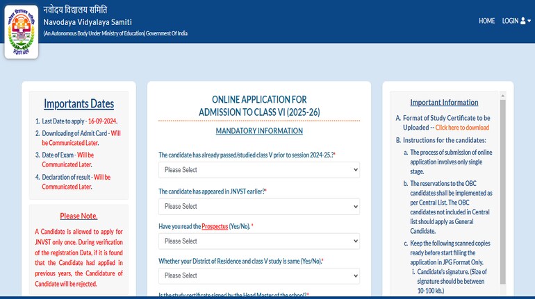 JNVST Class 6 Admission 2025