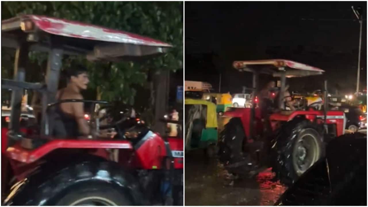 Gurgaon rains: Man rides a tractor to buy alcohol amid heavy rain and waterlogging. Watch