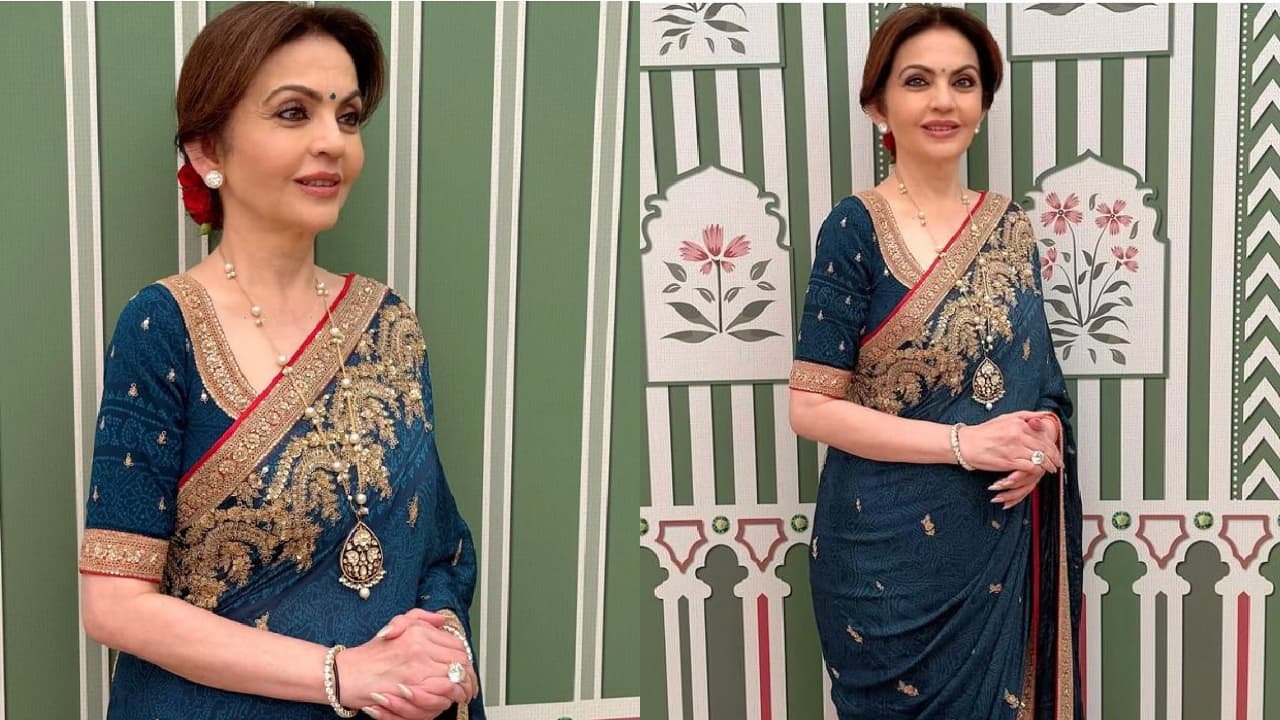 Nita Ambani shines in a vintage retro style indigo saree designed by Ritu Kumar at Paris Olympics