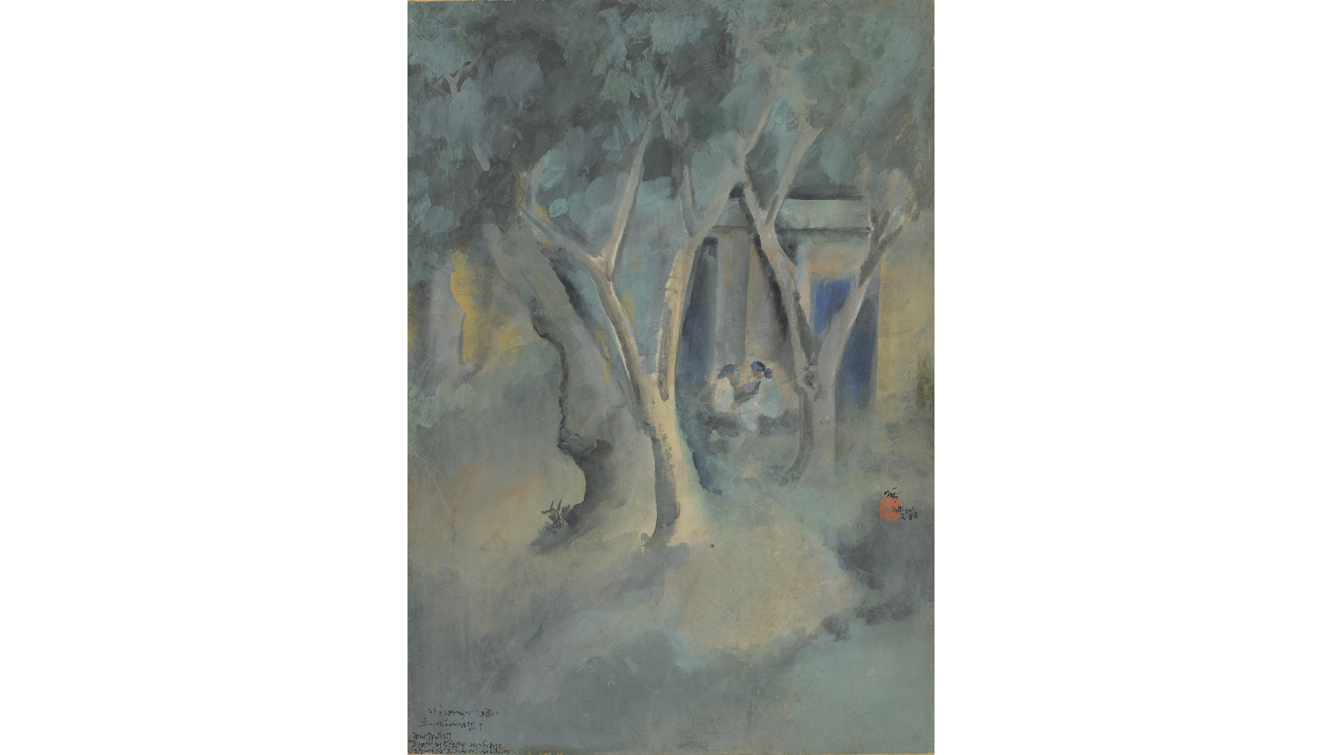 Nandalal Bose studied under Abanindranath Tagore. He was wonderful with the Bengal School wash-style painting. Then Rabindranath Tagore picks him to head Kala Bhavan at Shantiniketan, and his art changes into an expressionist thought and begins to reflect the people's voice more, says Kishore Singh. (Image: Untitled [Two Women Under the Trees], Gouache and natural pigments on rice paper pasted on mountboard, 1945 22.0 x 15.0 in. Image Credit: DAG Collection)