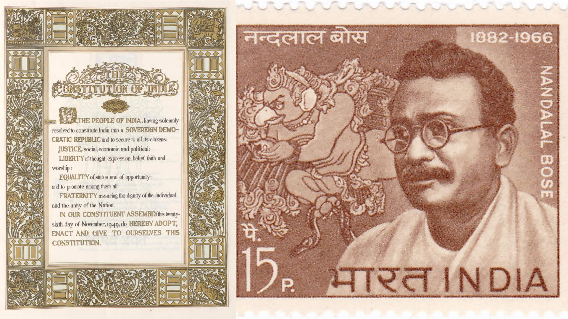 In the 1940s, Nandalal Bose continues to be critical. He continues to paint, but he's very, very important because in the 1940s he's picked by Jawaharlal Nehru to lead the team tasked with illustrating the Constitution. It reflects his position and his dynamism in terms of kind of art he was making creating that he was picked for this role, says Singh. (Images of Preamble to the Indian Constitution, 1949, and postage stamp depicting Nandalal Bose via Wikimedia Commons)