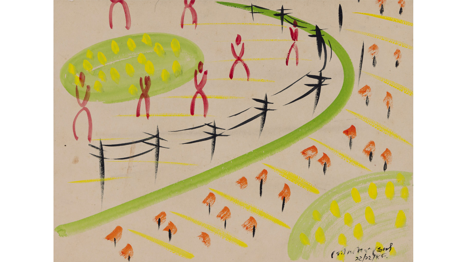 Two artists groups were formed in the 1940s. The first was the Calcutta Painters Group formed in 1943, and it consisted of people like Nirode Mazumdar, Rathin Maitra, Gopal Ghosh, Paritosh Sen, Prodosh Dasgupta, Kamala Das Gupta. For them, once again, it was an idea moving away from the Bengal School, and creating a new voice of modernism. Image: Gopal Ghose, Untitled, Gouache on paper pasted on paper, 1945, 9.7 x 13.2 in. Image Credit: DAG Collection