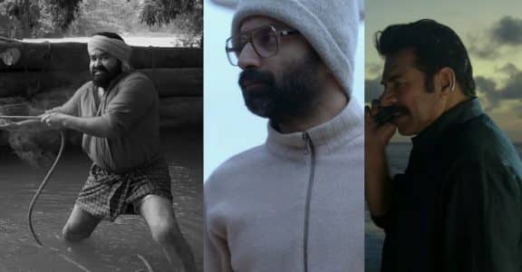 (From left) Mohanlal, Fahadh Faasil, and Mammootty in stills from 'Manorathangal'.