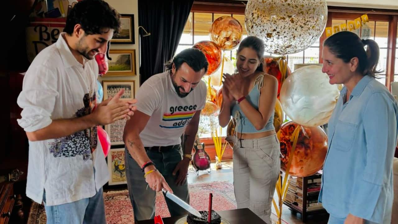 Saif Ali Khan cuts his birthday cake with children Ibrahim and Sara, Kareena Kapoor joins them