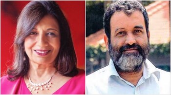Biocon founder and chairperson Kiran Mazumdar-Shaw and (right) former Infosys CFO Mohandas Pai. (Image credit: X)