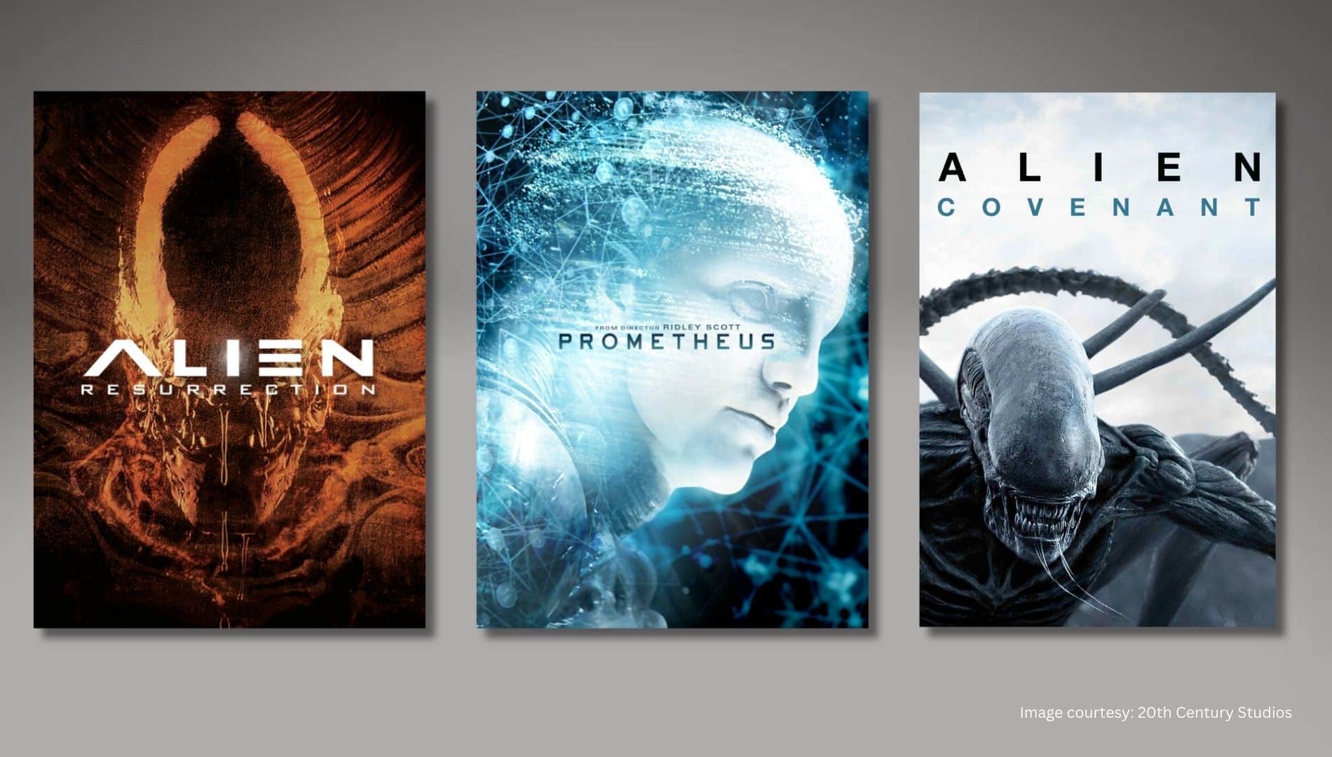 (L-R) Alien Resurrection (1997), Prometheus (2012) and Alien Covenant (2017)