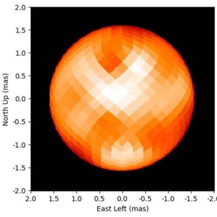 A false-colour image of Polaris from the CHARA Array, captured in April 2021, reveals large bright and dark spots on the star's surface. Polaris appears approximately 600,000 times smaller than the full moon in the sky. (Imager: CHARA Array)