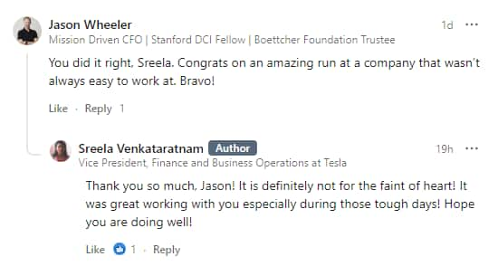 The exchange between Tesla's former CFO Jason Wheeler and former Tesla vice president Sreela Venkataratnam on LinkedIn.