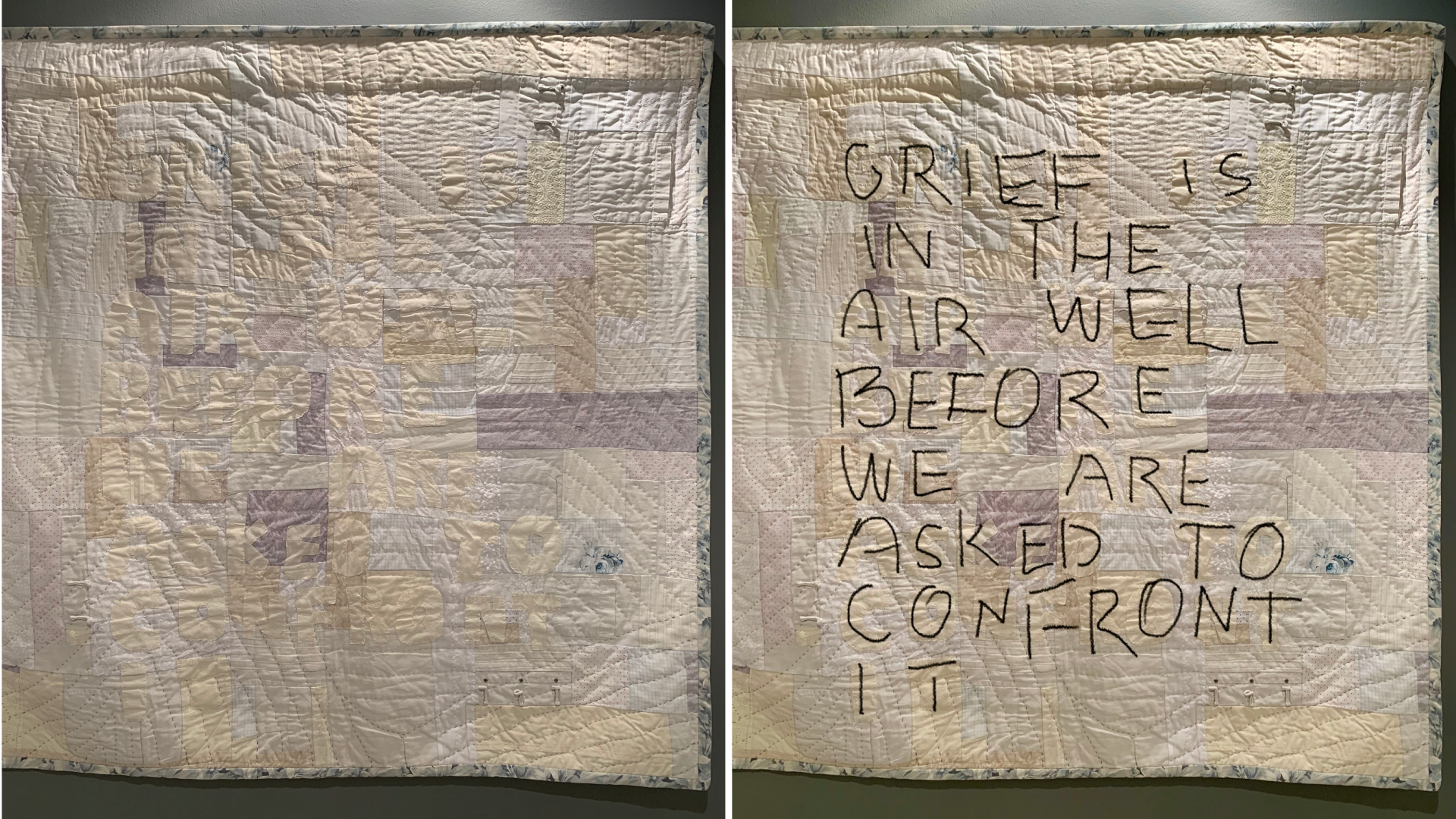 Udita Upadhyay's 'In the Air' (59 x 59 inch); and on the right, the same work edited by this writer to highlight the writing in the work.