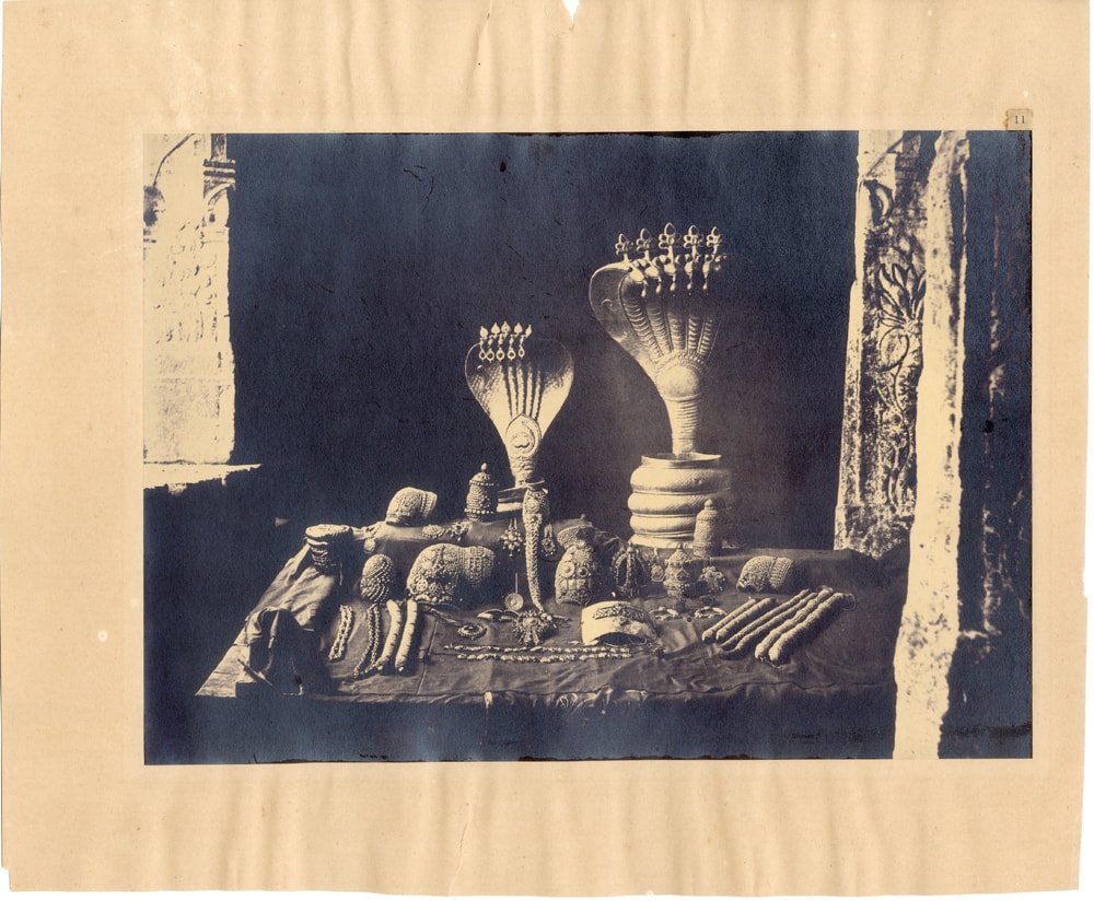 Linnaeus Tripe's 'The Great Pagoda Jewels (Minakshi Sundareshvara Temple, Madurai)'; Silver albumen print from dry collodion on glass negative mounted on paper, 1858; Print size: 8.5 x 11.7 in.; Paper size: 12.0 x 14.5 in. (Image courtesy DAG)