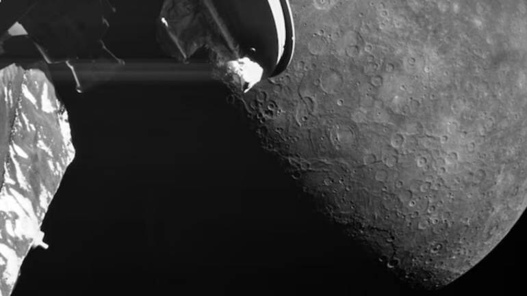 Captured by one of BepiColombo's monitoring cameras, the stunning photograph reveals the pole in extraordinary detail, visible in the top right portion of the planet's disk. (Image: ESA)