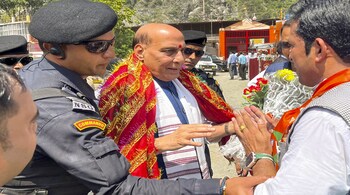 Rajnath Singh addressing a poll rally in Ramban district.