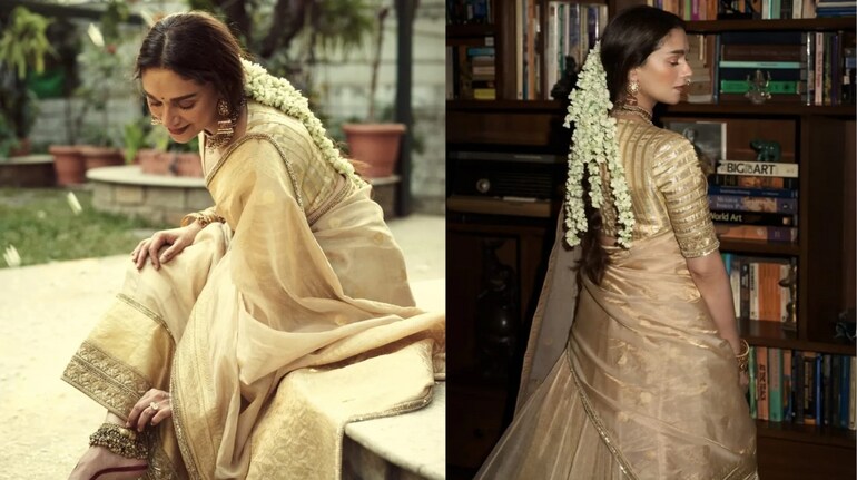 Aditi Rao Hydari stuns as a minimalistic south Indian bride in custom Sabyasachi beige silk saree, simple makeup and gajra-adorned braid