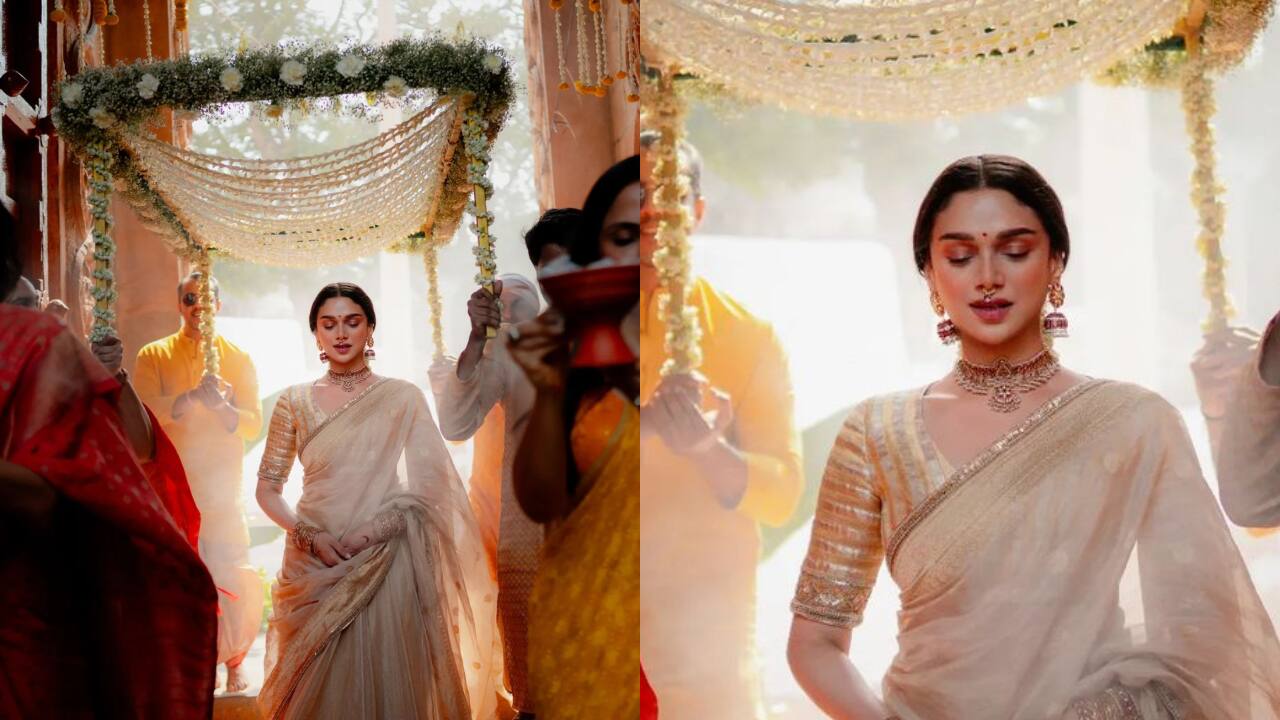 Aditi Rao Hydari makes a stunning bridal entry on her wedding, walks under white phoolon ki chadar, see pics