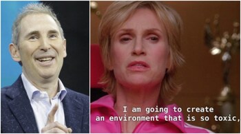 Amazon CEO Andy Jassy and (right) one of the popular memes doing rounds on social media regarding his announcement to end the hybrid work model at the tech giant. (Image credit: AFP, @Adam_Karpiak/X)