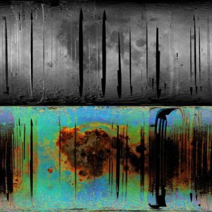 Images from the Moon Mineralogy Mapper, shown in black and white (top) and color-coded for various water-bearing minerals (bottom). The blue areas represent feldspars, with higher concentrations of water and hydroxyl near the poles. (Image: NASA)