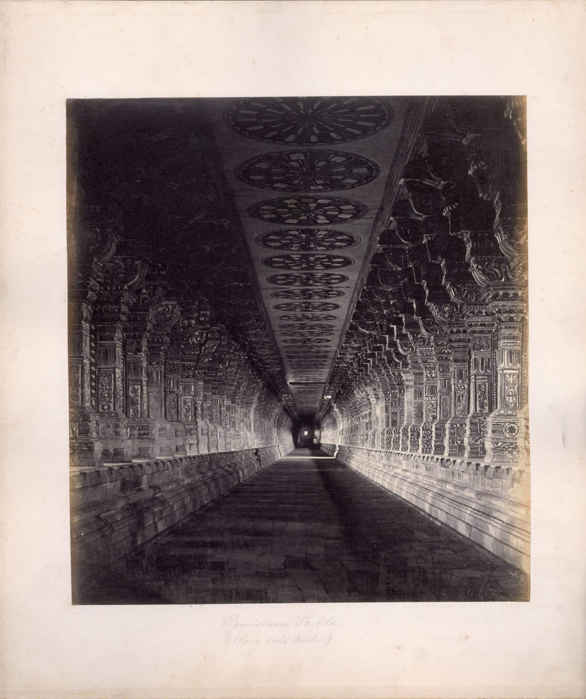 Edmund David Lyon's 'Ramisseram Pagoda (Long Side Aisle) (Ramalingeswara temple, Rameswaram); Silver albumen print mounted on card, 1867–68; Print size: 10.5 x 9.5 in; Paper size: 14.2x 12.5 in. (Image courtesy DAG)