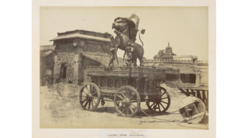 William Henry Pigou's 'Mysore, Idol car at the temple of Chamondee (Chamundi Temple)'; silver albumen print from waxed paper negative mounted on card, 1856; print size: 11.0 x 15.0 in; paper size: 14.0 x 21.7 in. (Image courtesy DAG)
