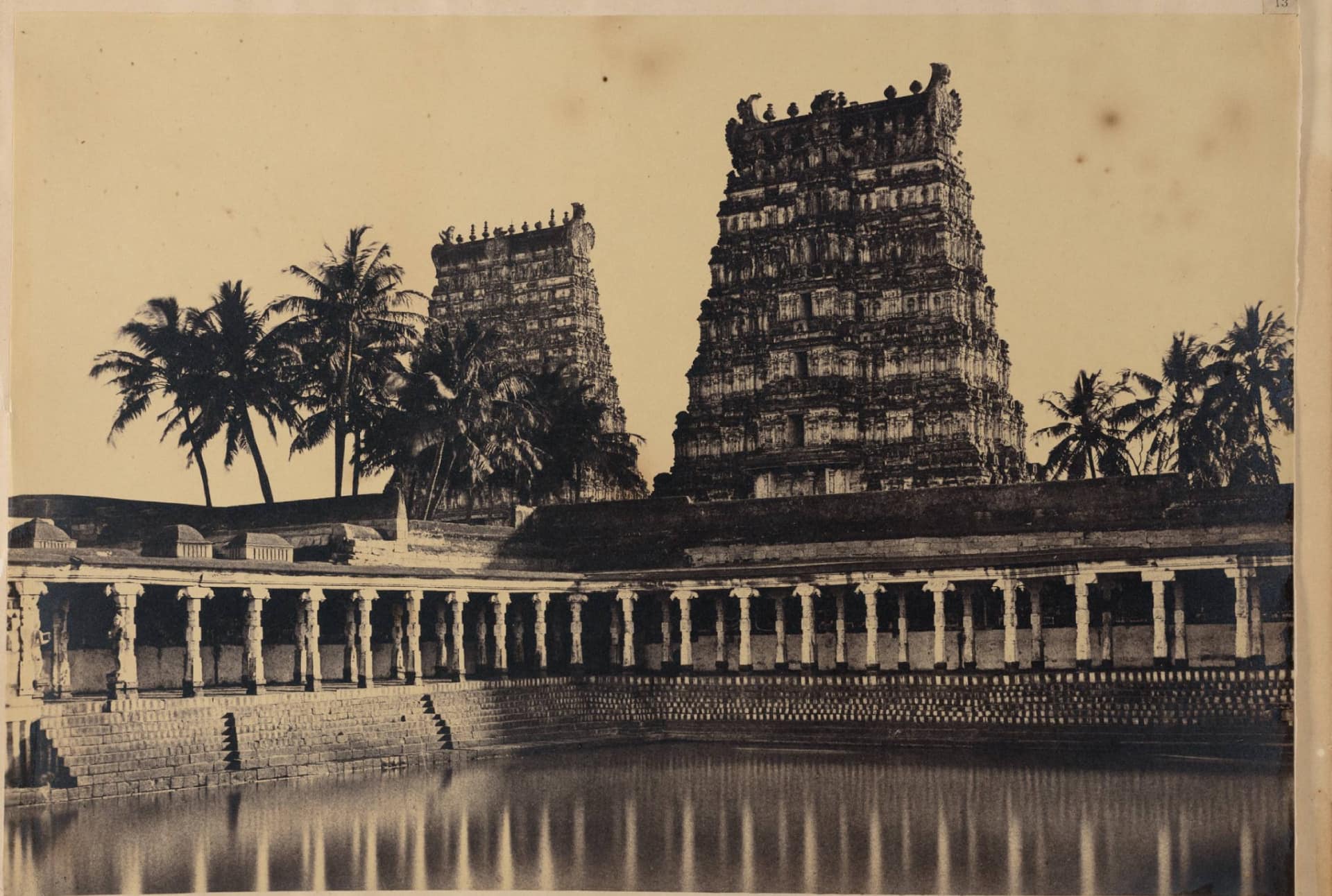  Linnaeus Tripe's 'The Great Pagoda, View of the Sacred Tank in the Great Pagoda (Minakshi Sundareshvara Temple, Madurai); Silver albumen print from waxed paper negative mounted on paper, 1858; Print size: 10.2 x 15.0 in; Paper size: 12.0 x 15.5 in. (Image courtesy DAG)