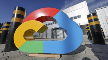 A Google Cloud logo outside the Google Cloud data center ahead of its ceremonial opening in Hanau, Germany, on Friday, Oct. 6, 2023. Microsoft Corp., Alphabet Inc.'s Google and ChatGPT maker OpenAI use cloud computing that relies on thousands of chips inside servers in massive data centers across the globe to train AI algorithms called models, analyzing data to help them learn to perform tasks. Photographer: Alex Kraus/Bloomberg