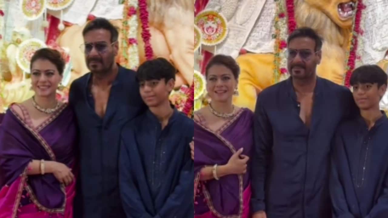 Kajol playfully pinches Ajay Devgn, fans call It a 'Biwi thing' as they pose during Durga Puja celebration
