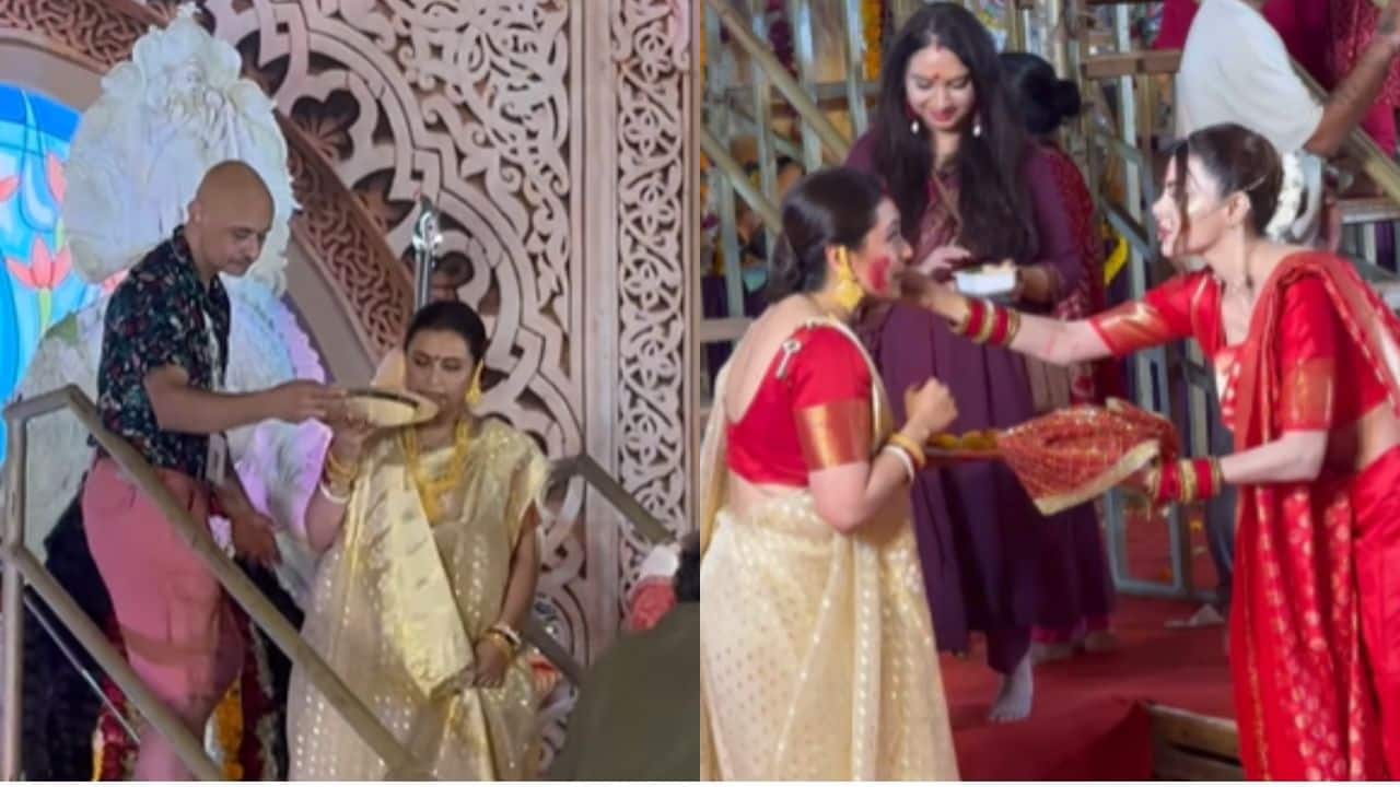 Rani Mukerji celebrates Dussehra with Sindoor Khela, dazzles in traditional Bengali attire, watch video