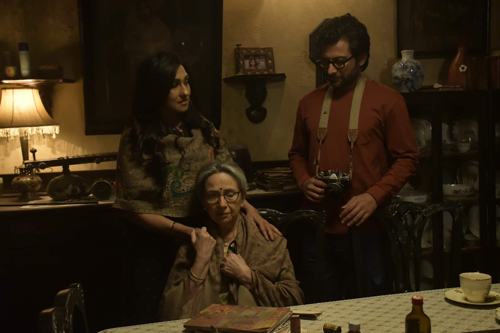 Rituparna Sengupta, Sharmila Tagore and Indraneil Sengupta from a still from 'Puratawn'.