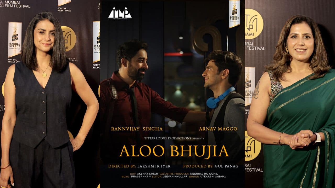 Producer Gul Panag (left), poster of short film 'Aloo Bhujia', and director Lakshmi R Iyer.