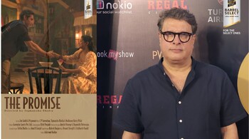 Bollywood director Tigmanshu Dhulia and a poster (left) of his short film 'The Promise', starring Jim Sarbh and Priyamani, that premiered at Royal Stag Barrel Selects Large Short Films at MAMI Mumbai Film Festival 2024.