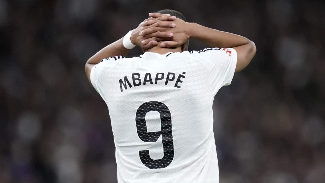 Kylian Mbappe reacts during Real Madrid vs Barcelona at Santiago Bernabeu (AP Photo)