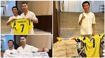 Cristiano Ronaldo poses with Gong who cycled for 7 months to meet him. (Image: @iamsaadizhaan/X)