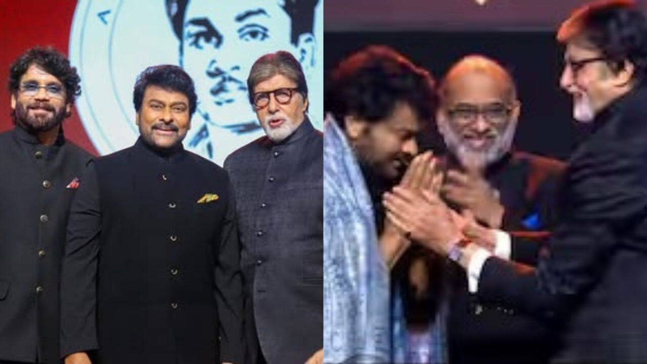 Chiranjeevi pays respects to Amitabh Bachchan by touching his feet after receiving an award from him at ANR awards