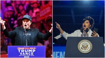 Tesla and SpaceX CEO Elon Musk speaks at a rally for former US President and Republican presidential candidate Donald Trump at Madison Square Garden in New York, October 27. (Right) Cardi B speaks during a campaign rally for Democratic presidential nominee, U.S. Vice President Kamala Harris at the Wisconsin State Fair Park Exposition Center on November 1, 2024 in West Allis, Wisconsin. (Image credit: AFP)