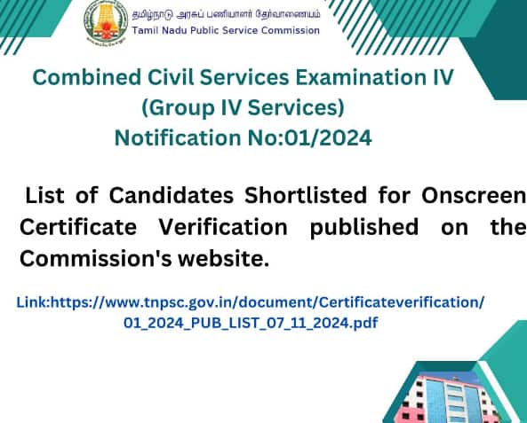 TNPSC Group 4 Result 2024: Candidates shortlisted for onscreen certificate verification released @ tnpsc.gov.in, direct link here TNPSC Group 4 Result 2024: Candidates shortlisted for onscreen certificate verification released @ tnpsc.gov.in, direct link here