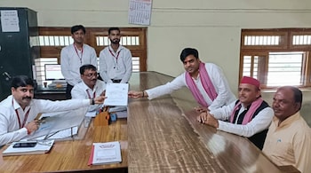 SP's Tej Pratap Yadav files his nomination papers for the Karhal assembly constituency by-election (PTI)