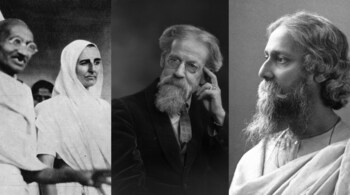 Mahatma Gandhi with Mirabehn, Patrick Geddes and Rabindranath Tagore. (Images via Wikimedia Commons)