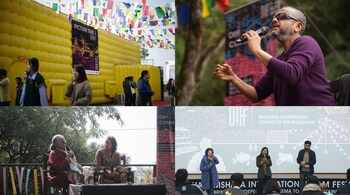Sneak peak from DIFF 2024: (clockwise from top, left) PictureTime 1 portable screen; Dibakar Banerjee; Rima Das at the screening of her film; Shahana Goswami (right) in a conversation with Bina Paul.