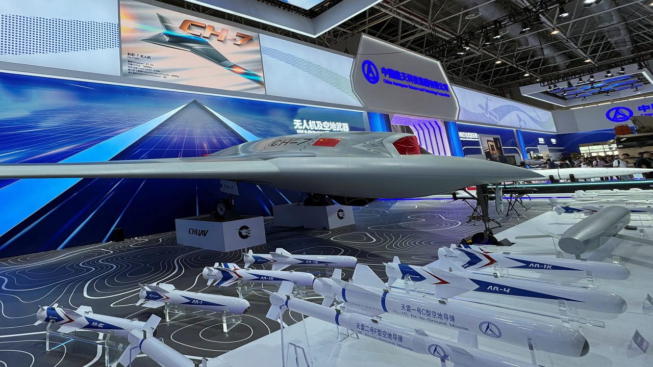 A model of CH-7 stealthy unmanned aircraft is displayed alongside mockups of air-to-ground missiles at the China International Aviation and Aerospace Exhibition, or Airshow China, in Zhuhai, Guangdong province.(Photo-Reuters) A model of CH-7 stealthy unmanned aircraft is displayed alongside mockups of air-to-ground missiles at the China International Aviation and Aerospace Exhibition, or Airshow China, in Zhuhai, Guangdong province.(Photo-Reuters)