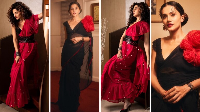 Taapsee Pannu 's rani pink saree was adorned with intricate mirror work. She paired it with a sleeveless blouse. For the second look, she chose a unique highlight - a delicate, dramatic detail of red fabric rose pinned to her shoulder (Images: @taapsee, @officialswissbeauty/Instagram)