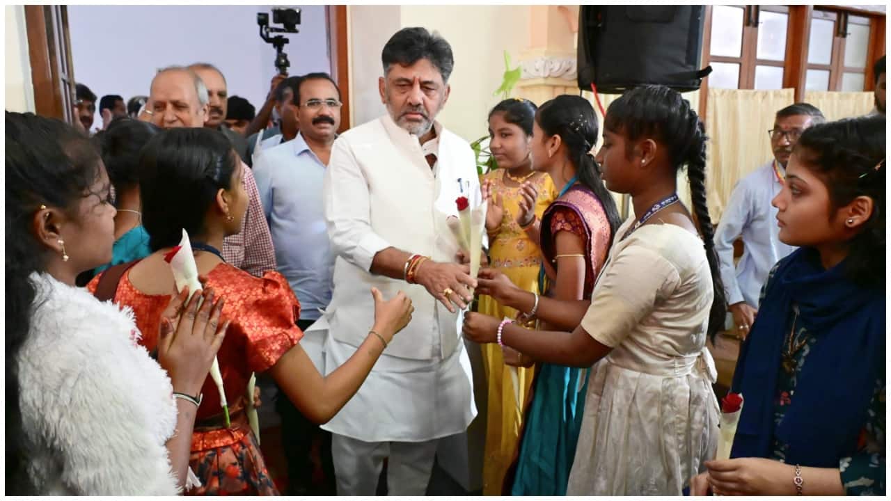DK Shivakumar meeting the students on Children's Day.