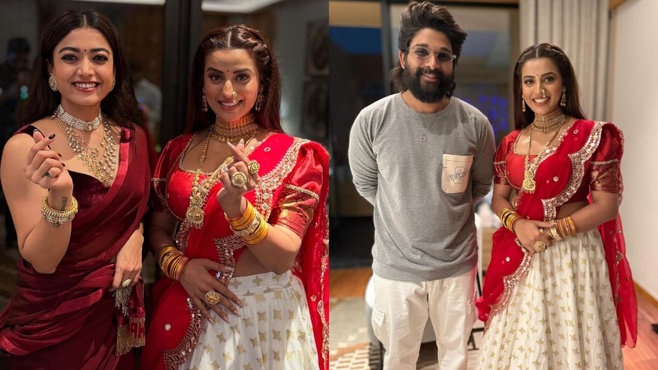 Akshara Singh poses with Allu Arjun and Rashmika Mandanna at Pushpa 2 trailer launch event in Patna